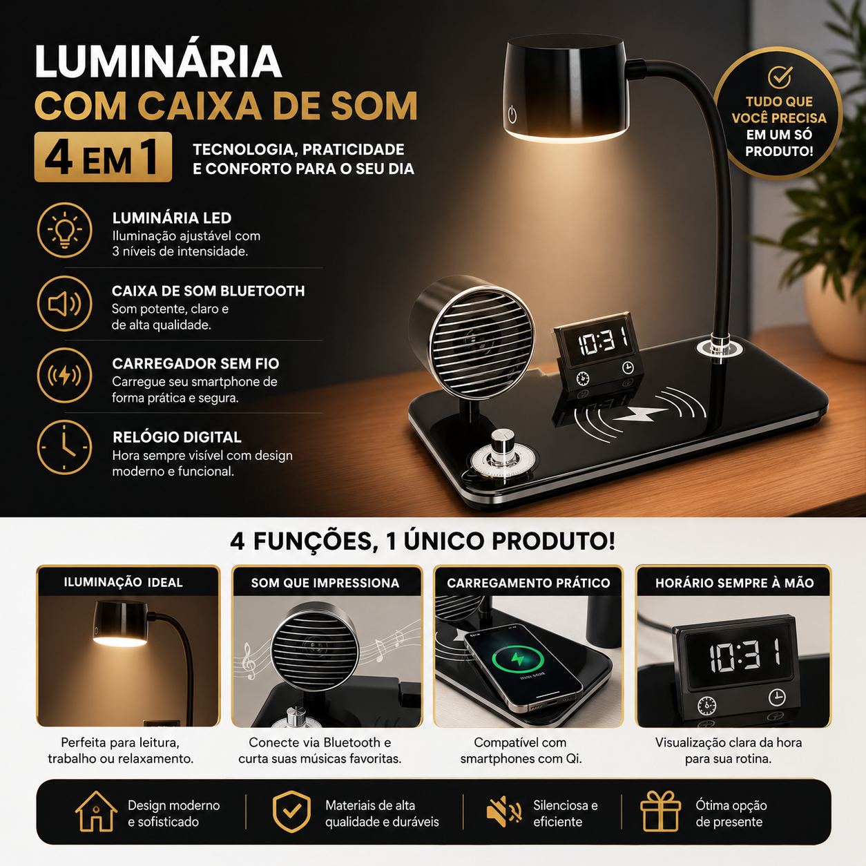 Luminária de Mesa com Caixa de Som 4 em 1 (PRETO)